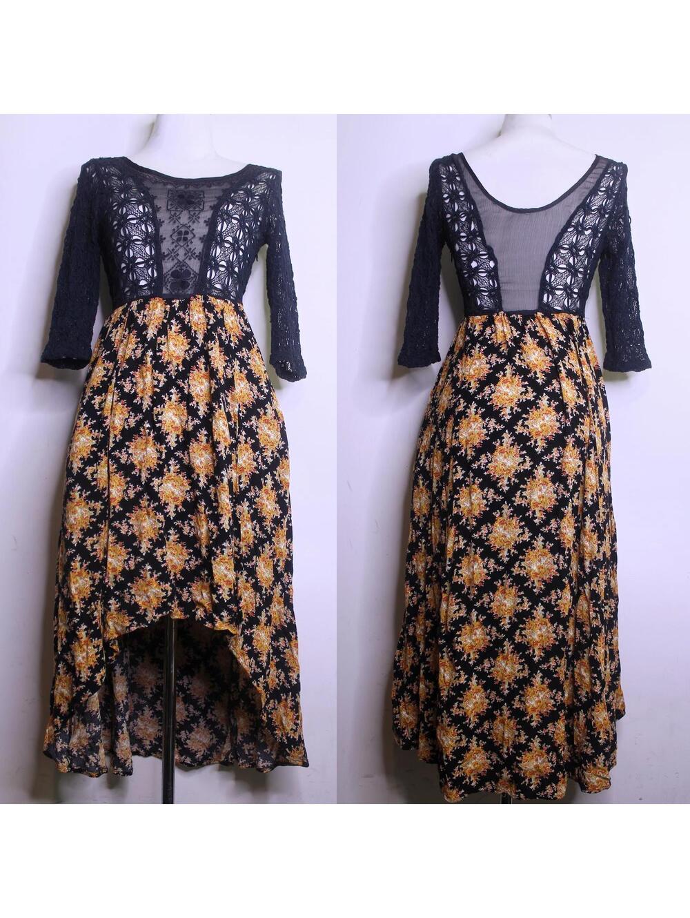 Free People Black Macrame Sheer Damask Hi Low Dress - Small